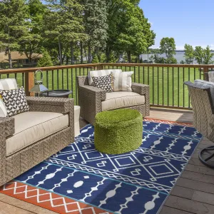 Outdoor Blue 9x12 Rug Waterproof Reversible Durable Plastic Straw Heat-Treated Edges Blue & Red Patio Camping Picnic