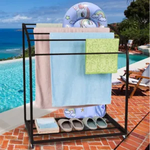 Pool Towel Rack Outdoor with Wheels,PVC Trapedozal Outdoor Towel Rack for Pool,5 Bar Curved Towel Rack - Free Standing Poolside Storage Organizer,Towel Stand for Beach,Pool,Indoor,Black