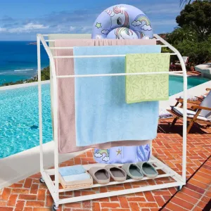 Poolside PVC Towel Rack with Wheels - 5 Bar Curved Design, Rust-Resistant, UV-Blocking, Freestanding, Indoor/Outdoor Use