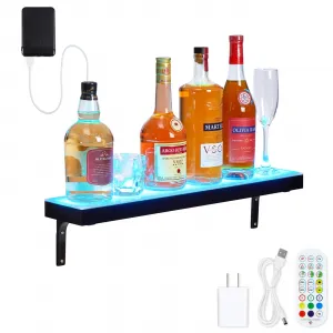 LED Lighted Liquor Bottle Display Shelf - 1-Step, 24-Inch, Remote & App Control, Acrylic with Wine Holder Slots, Multi Functional Wine Rack