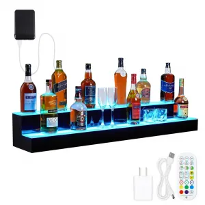 LED Lighted Liquor Bottle Display Shelf 48 Inch 2-Tier Acrylic Remote App Control 16 Colors 4 Modes for Bars Restaurants