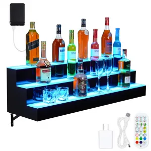 LED Liquor Bottle Display Shelf 3 Tiers Acrylic 7 Static Colors RF Remote App Control for Home Bar Party