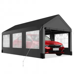 12'x20' Heavy Duty Carport Canopy, Portable Car Tent Garage with 6 Roll-Up Windows, All-Season Tarp, Metal Roof & 4 Sandbags, Black