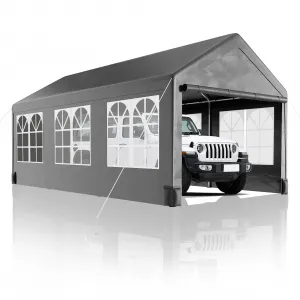 12'x20' Heavy Duty Carport - PE Waterproof Canopy, Reinforced Steel Frame, Roll-Up Mesh Window & 4 Load-Bearing Sandbags, Grey