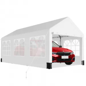 12'x20' Heavy Duty Carport Canopy, Portable Car Tent Garage with 6 Roll-Up Windows, All-Season Tarp, Metal Roof & 4 Sandbags, White