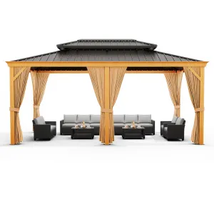 12'x14' Outdoor Hardtop Gazebo with Netting and Sunshade Curtains for Patio Terrace Lawn Deck Aluminium Grey