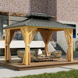 10'x13' Outdoor Hardtop Gazebo with Netting and Sunshade Curtains for Patio Terrace Lawn Deck Aluminium Khaki