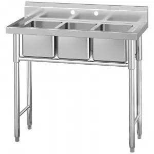 3 Compartment Utility Kitchen Sink, Stainless Steel Freestanding Commercial Sink, Prep Sink for Restaurant, Laundry, Garage, Workshop, 39.3 * 37 * 17.7 IN