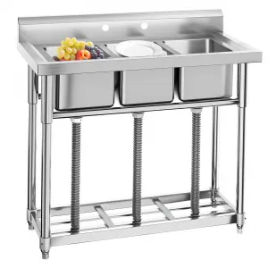 39"W x 18"D x 37"H Stainless Steel 3-Compartment Utility Kitchen Sink - Freestanding Commercial Prep Sink with Storage Shelves for Restaurants, Laundry Rooms, Garages, and Workshops