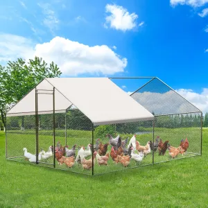 Large Metal Chicken Coop, Walk-in Poultry Cage, Chicken House with Waterproof and Anti-Ultraviolet Cover for Outdoor Yard Farm Silver 9.8X13.1X6.6FT