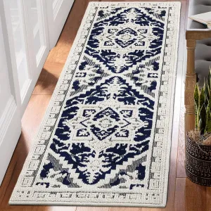 Vintage Medallion Textured Area Rug for Living Room Traditional Indoor Low Pile Floor Cover Non Slip Backing Non-Shedding Throw Carpet for Bedroom Dining Room Home Office Floor Decor