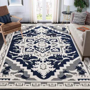 Vintage Medallion Textured Area Rug for Living Room Traditional Indoor Low Pile Floor Cover Non Slip Backing Non-Shedding Throw Carpet for Bedroom Dining Room Home Office Floor Decor