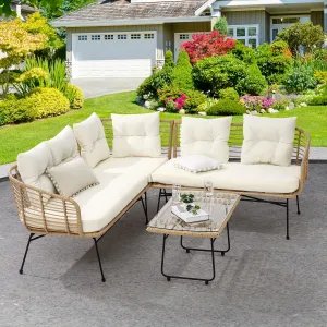 4 Pieces Patio Furniture Set,Boho Outdoor Furniture Lounge Sectional L-Shaped Sofa Conversation Set with Thick Cushions and Toughened Glass Coffee Table for Deck,Backyard, Porch