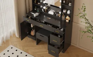 Vanity Desk with Led Lighted Mirror,Makeup Vanity with 10 Led Lights & 5 Metal Sliding Drawers, 3 Color Brightness Adjustable, Vanity Table with 6 Open Shelves, Dressing Table for Women Girls