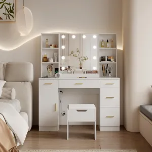 Vanity Desk With Led Lighted Mirror,MakeupVanity With 10 Led Lights & 5 Metal SlidingDrawers, 3 Color Brightness Adjustable, VanityTable With 6 Open Shelves, Dressing Table forWomen Girls，White