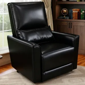 Swivel Rocking Manual Recliner Chair for Adults, Rocker Recliner Glider Deep Seat PU Leather Sofa Chair with High Backrest for Nursery, Living Room, Bedroom & Home Movie Theater, Black