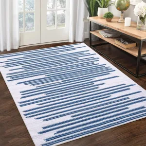 Area Rug 4X6 Non Slip Washable Rug Modern Berber Stripe Area Rug Non Shedding Indoor Floor Cover Low Pile Carpet Rug Lightweight Rug for Bedroom Living Room, Cream/Blue