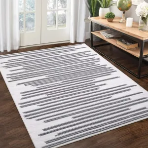 Area Rug 4X6 Non Slip Washable Rug Modern Berber Stripe Area Rug Non Shedding Indoor Floor Cover Low Pile Carpet Rug Lightweight Rug for Bedroom Living Room, Cream/Grey