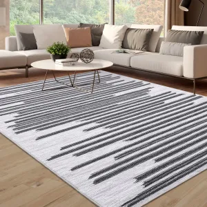 Area Rug 8x10 Black  Rug Large Washable Rug Boho Living Room Rug Contemporary Stripe Rugs for Bedroom Office Dining Room Neutral Rug Modern Geometric Rug Moroccan Rug