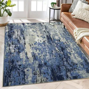 Washable 9x12 Area Rug for Living Room, Office - Abstract Distressed Design, Low Pile, Polyester, High Traffic, Cozy, Blue
