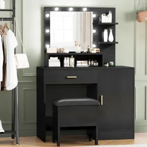 Vanity Desk, Makeup Vanity Desk with Mirror & Lights-3 Lighting Modes, Large Drawers and Three Level Storage & Tiers of Open Shelves for Bedroom, Black