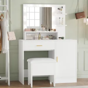 Vanity Desk, Makeup Vanity Desk with Mirror & Lights-3 Lighting Modes, Large Drawers and Three Level Storage & Tiers of Open Shelves for Bedroom, White