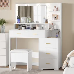 Vanity Desk, Makeup Vanity Desk with Mirror & Lights-3 Lighting Modes, 5 Large Drawers and 3 Tiers of Open Shelves for Bedroom