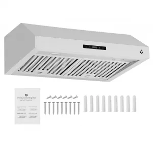 30 Inch Range Hood Under Cabinet, Stainless Steel Kitchen Range Hood with 3 Speed Touch Control, 400 CFM Suction Power, Silver