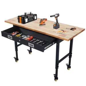 60x22 Inch Workbench with Drawer Storage, Adjustable Height Worktable for Garage, Rubber Wood Top Heavy Duty Workbench with Power Outlet & 4 Lockable Wheels, 2000lbs Load Capacity for Workshop Home