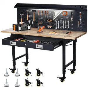 60"x 22" Adjustable Workbench + Drawer Storage + Heavy Duty + Rubber Wood Top + Removable Pegboard + Power Outlet + Hooks + Tool Storage + Garage, Warehouse, Workshop