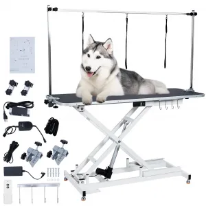 48" Electric Dog Grooming Table, Stainless Steel, Non-slip Surface, Remote Lifting, Pet Grooming Table with Adjustable Overhead Arm & Noose for Home Use, White