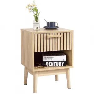 Boho Nightstand, Small Side Table Night Stand with Drawer Open Shelf, Bedside End Table with Wood Strip Decorated Drawer for Bedroom, Living Room, Dorm and Small Spaces (Natural)