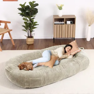 Dog Bed for Adult, Human Size Giant Dog Bed for Men and Women, 71”x48”x14” Human Dog Lazy Sofa Bed for People and Pets, Washable Strip Flannel Nap Bed Adult Oval, Human-Sized Dog Bed,Khaki
