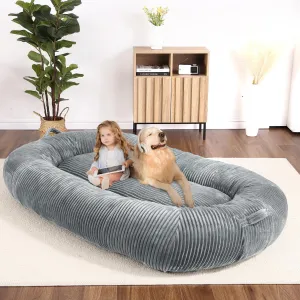 Dog Bed for Adult, Human Size Giant Dog Bed for Men and Women, 71”x48”x14” Human Dog Lazy Sofa Bed for People and Pets, Washable Strip Flannel Nap Bed Adult Oval, Human-Sized Dog Bed,Light Grey