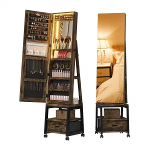 360° Swivel Jewelry Cabinet with LED Lights,Inside Makeup Mirror,Rotatable Full Length Mirror with Jewelry Storage,Lockable Standing Jewelry Armoire Organizer with Drawer and Wheels (Brown)