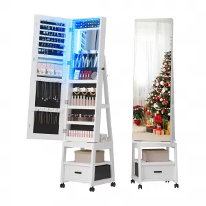 360° Swivel Jewelry Cabinet with LED Lights, Inside Makeup Mirror, Rotatable Full Length Mirror with Jewelry Storage, Lockable Standing Jewelry Armoire Organizer with Drawer and Wheels (White)