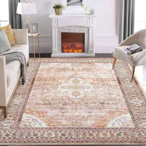 Vintage Washable Rug 5x7 Boho Tribal Area Rugs for Living Room Oriental Floral Distressed Carpet for Bedroom Soft Low Pile Aesthetic Rug Non Slip Non-Shedding Foldable Carpet Accent Rug Orange