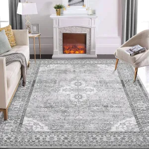 Area Rug Grey 9x12 Living Room Rugs Washable Rug Large Boho Bedroom Rug Soft Floral Distressed Rug Indoor Non Slip Non-Shedding Aesthetic Carpet for Dining Room Nursery Kids Room Playroom