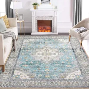 Vintage Washable Rug 5x7 Boho Tribal Area Rugs for Living Room Oriental Floral Distressed Carpet for Bedroom Soft Low Pile Aesthetic Rug Non Slip Non-Shedding Foldable Carpet Accent Rug Teal