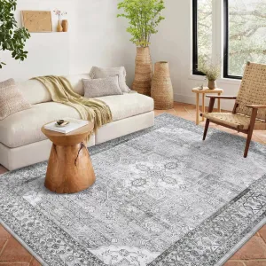 Living Room Rug 10x13 Vintage Medallion Washable Soft Non-Slip Boho Floral Distressed Grey Carpet for Bedroom Dining Room Nursery Office Dorm