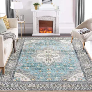 Rugs for Living Room 8x10 Large Washable Rugs for Bedroom Large Aesthetic Rug Vintage Floral Printed Distressed Rug Soft Low Pile Non Slip Rug Playroom Carpet for Kids Room Nursery Office Teal