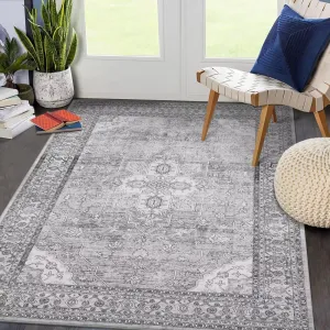 8x10 Area Rugs for Living Room Vintage Rug Large Bedroom Rug Oriental Non Slip Washable Rugs Boho Floral Print Distressed Carpet Farmhouse Nursery Home Office Non-Shedding Floor Cover Grey