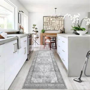 Washable Rug 2x6 Vintage Floral Print Rug Oriental Entryway Runner Rug Boho Tribal Area Rug Soft Hallway Accent Carpet Bedroom Rugs Soft Aesthetic Non Slip Rug for Kitchen Laundry Bedside Grey