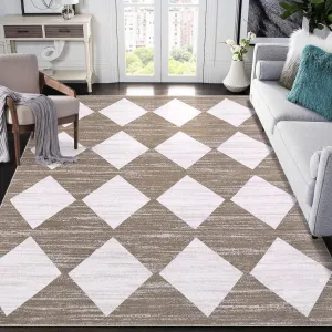 Area Rug 5x7 Washable Rugs Checkered Rug Modern Geometric Rug Bedroom Rug, Soft Neutral Accent Rugs for Living Room Entryway Dining Room,Stain Resistant Non-Slip Low-Pile Floor Carpet,Brown