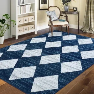Area Rug Geometric Washable Living Room Rug Large 10'x13' Blue Low Pile Non Slip