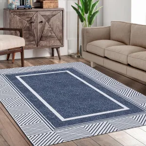 Bordered Large Area Rug 8x10 Modern Washable Rugs with Rubber Backing Non Slip Thin Rugs for Living Room Bedroom Dining Room Office, Blue