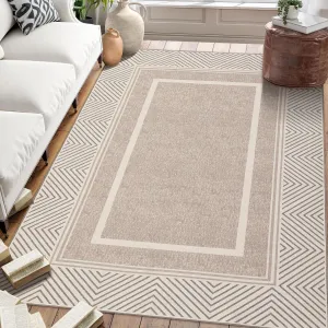 Modern Bordered 6x9 Area Rugs for Living Room Contemporary Washable Rug Indoor Non Slip Accent Rug Chic Non-Shedding Foldable Thin Rug Throw Carpet for Bedroom Home Office Dining Room Khaki