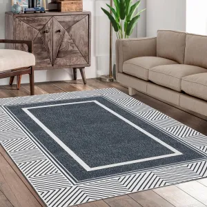 Bordered Washable Area Rugs 5x7 Modern Thin Rug Non-Slip Low Pile Rugs for Living Room Bedroom Dining Room Kids Playroom, Dark Grey