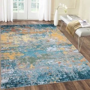 Gold Blue 9x12 Area Rug Washable Rugs for Living Room Modern Neutral Abstract Aesthetic Rug for Bedroom Dining Room Under Table Non-Shedding Large Area Rug Lightweight Foldable Accent Rug
