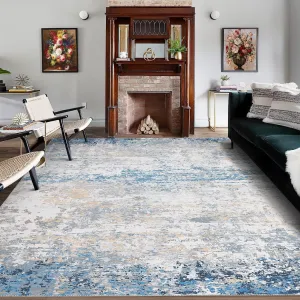 Grey Blue 9x12 Area Rug Washable Rugs for Living Room Modern Neutral Abstract Aesthetic Rug for Bedroom Dining Room Under Table Non-Shedding Large Area Rug Lightweight Foldable Accent Rug